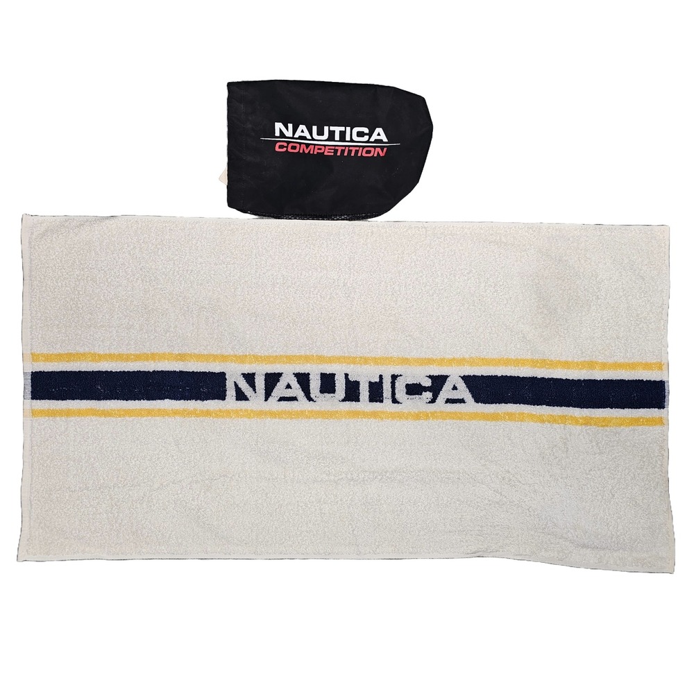 Nautica Yellow Blue Stripe White Sport Towel & Pouch Set USA 37x20 Vintage 90s